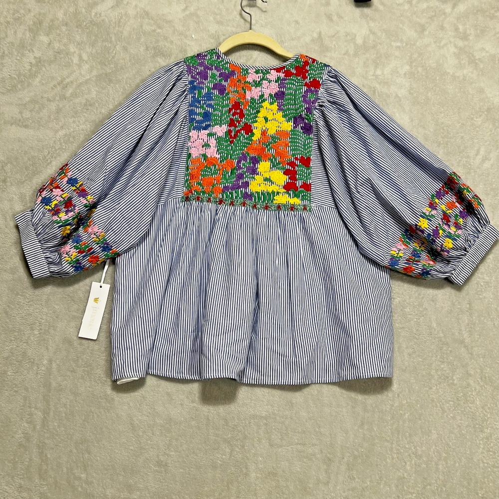 J Marie Embroidered Carli Top Peplum Women S Blue White Striped Floral Lined - Picture 6 of 12
